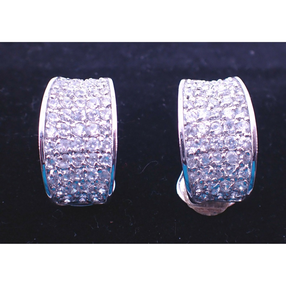 Vintage Nolan Miller Earrings Silver Tone Pave Clear Rhinestone Clip 7/8"